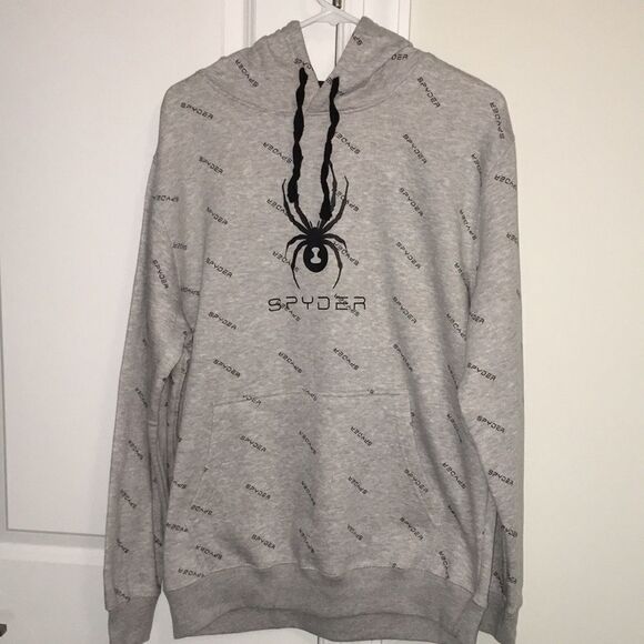 Gray BIG Spyder $69 mega print fleece ski Hooded Hoodie Sweatshirt jacket L - Picture 1 of 5